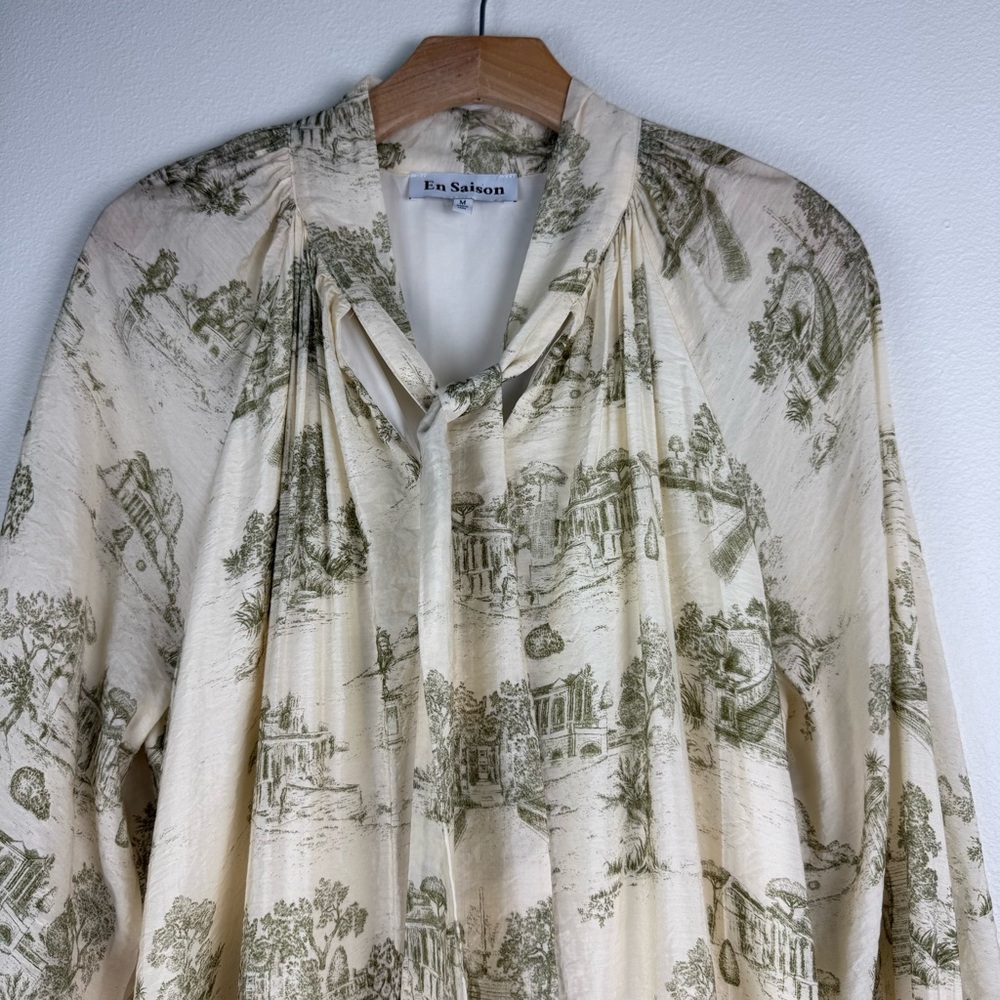 En Saison Cream Olive Leighton Toile Minidress Printed Long Sleeve Size Medium - Picture 6 of 16